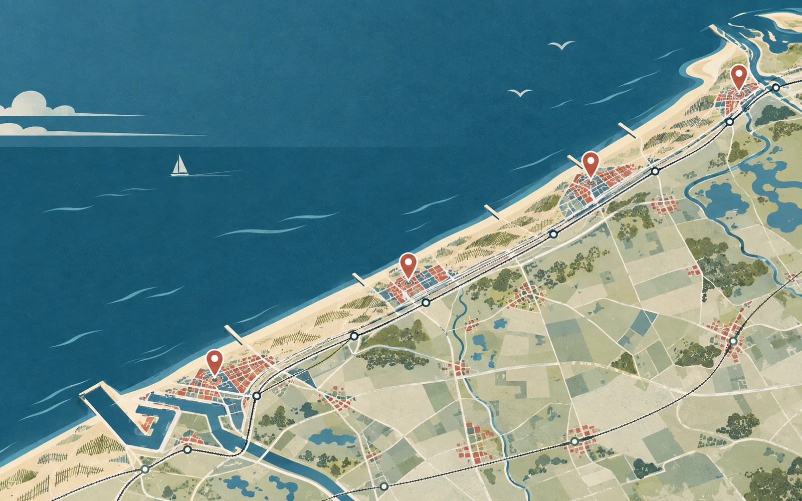 Redactionele kustkaart met vier locatiemarkeringen en spoor- en tramcontext voor Blankenberge, Knokke-Heist, Middelkerke en Oostende